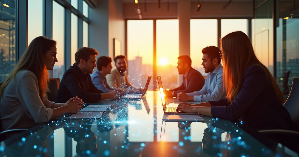 Business professionals collaborating with holographic AI agent interfaces in a modern enterprise office
