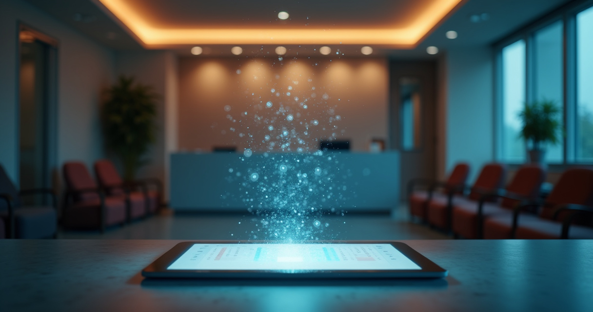 A modern clinic reception desk at night glowing softly with a calendar interface visualized in the air, symbolizing 24/7 automated booking