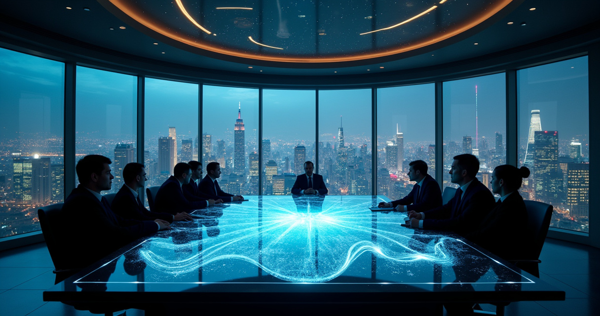 Modern enterprise operations center with glowing data visualizations representing AI process orchestration across connected departments
