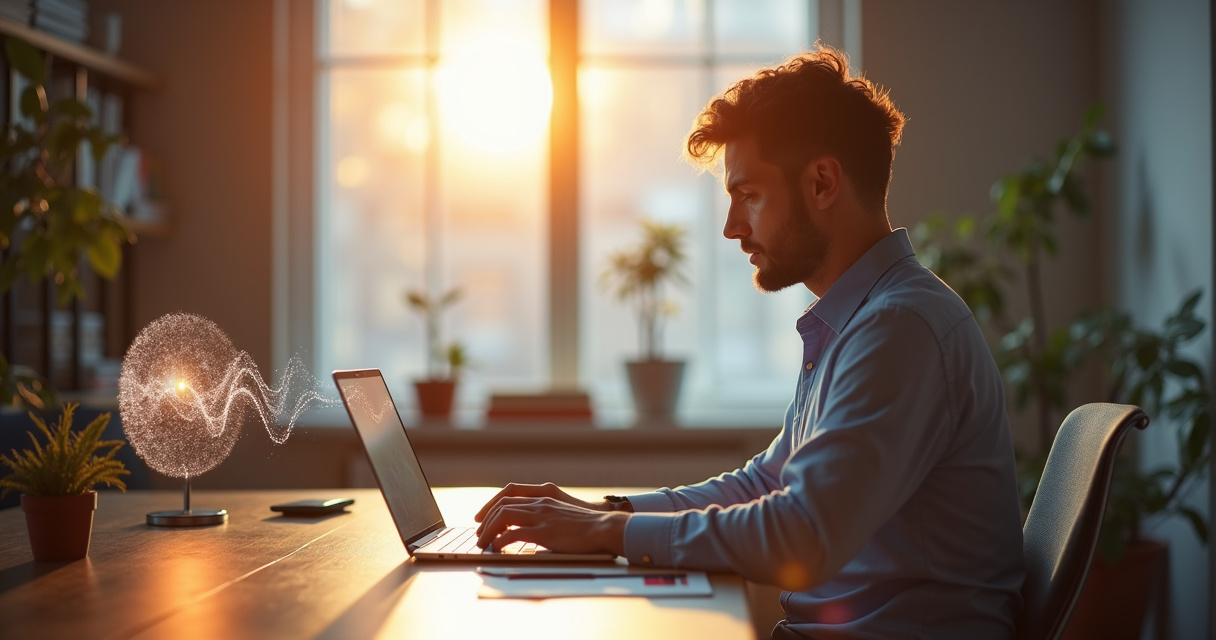 A professional working calmly at a desk while a soft glowing interface represents an AI assistant answering calls in the background