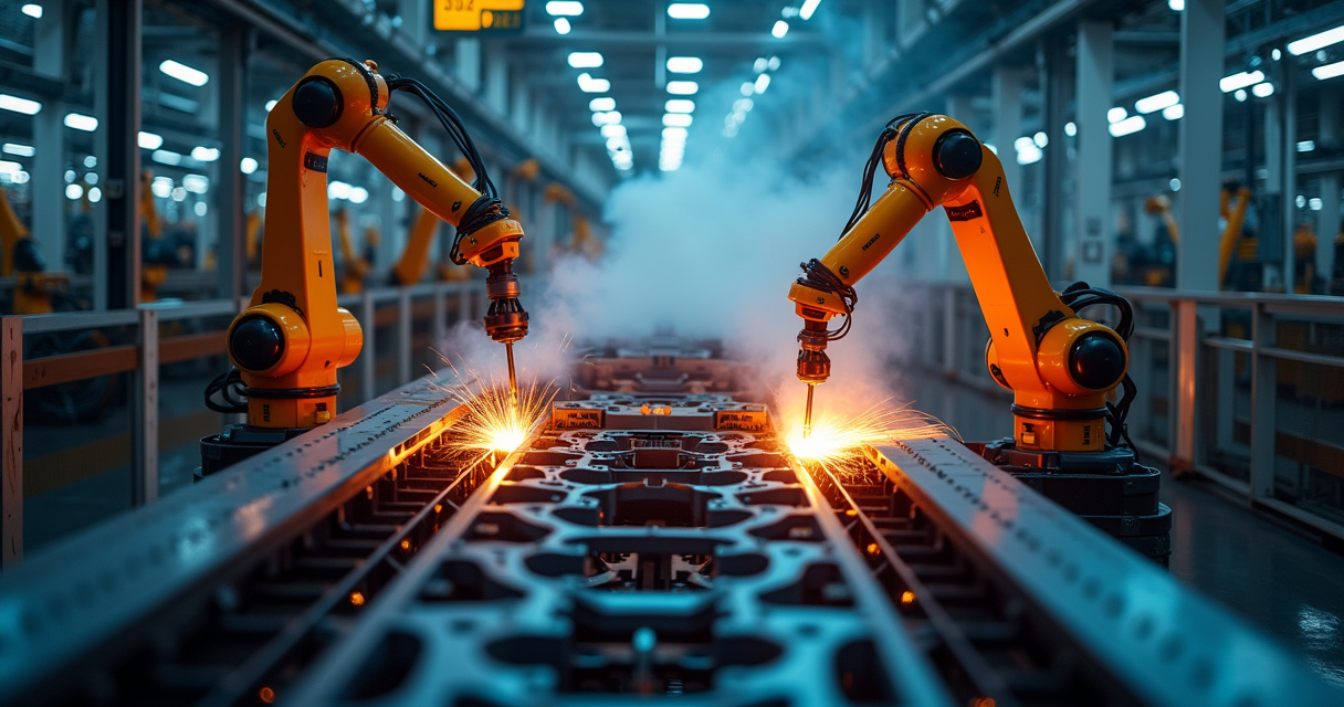 Industrial manufacturing facility with robotic automation arms working alongside digital control systems in a modern factory floor