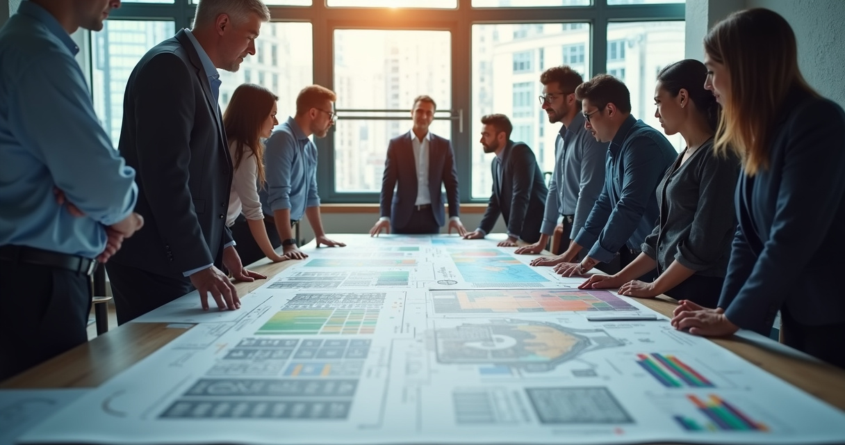 Business leaders and engineers reviewing enterprise system architecture diagrams in a modern office, symbolizing careful AI integration planning