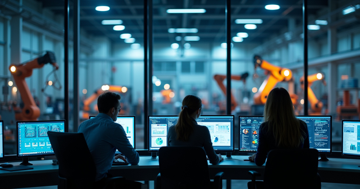 Operations director reviewing an automated factory and office workflow control room with holographic process flows and robotic arms in the background