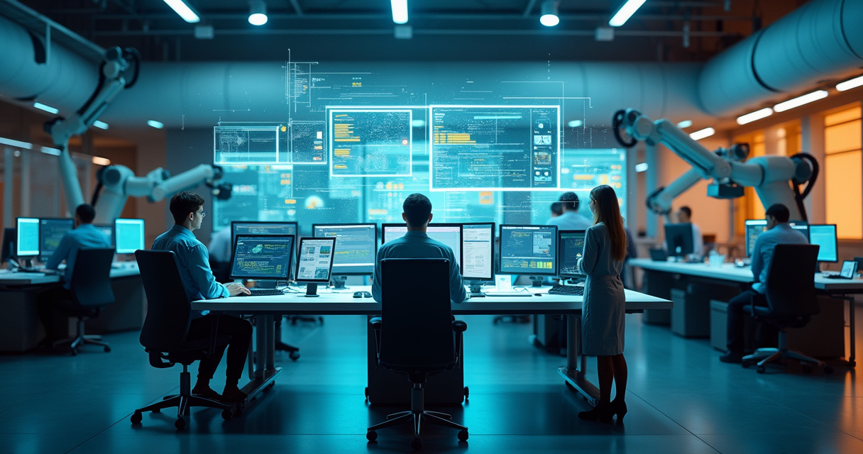 Modern enterprise operations center showing seamless integration of robotic process automation and human collaboration in a bright, high-tech office
