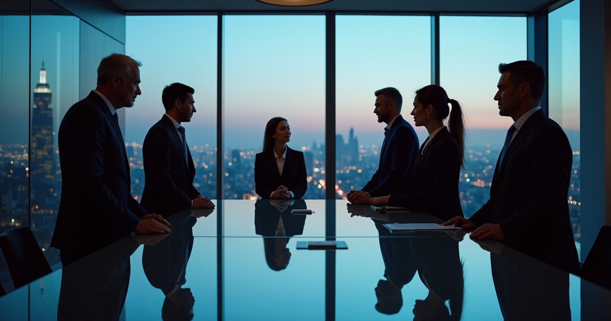 Business executives in a modern boardroom discussing digital transformation strategy with holographic data visualizations