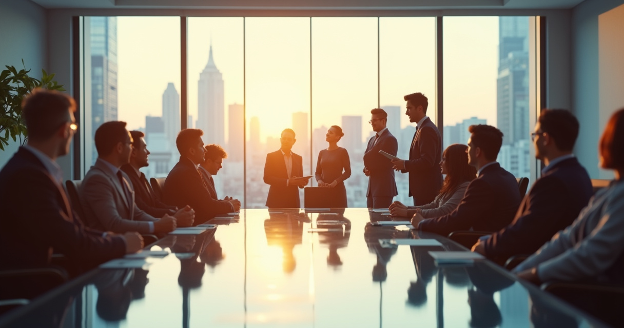Business executives reviewing automated workflow dashboards in a modern glass-walled boardroom