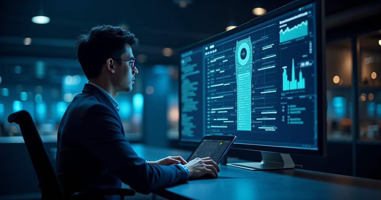 Operations director reviewing low-code AI platform dashboard showing accelerated implementation metrics