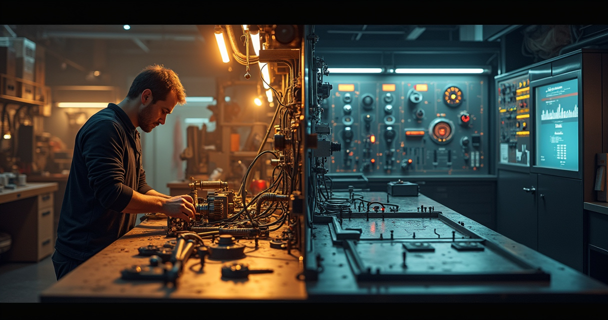 Split image showing a hand-built mechanical gear system on one side and a polished industrial control panel on the other, symbolizing build versus buy in enterprise automation