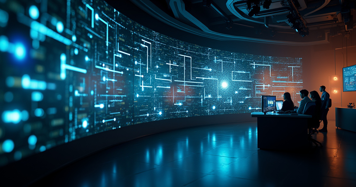 A modern control room with glowing network nodes representing interconnected automation workflows