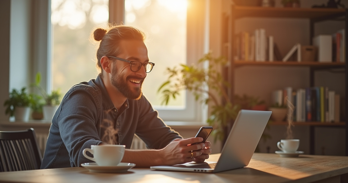 A business owner reviewing an AI-drafted email reply on a smartphone at a sunlit desk