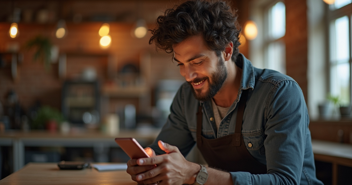 A small business owner looking at a smartphone receiving an automated text reply while working in a workshop