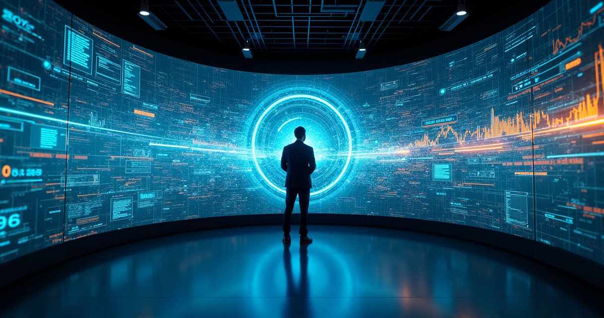 A futuristic control room with glowing holographic data streams representing an enterprise AI orchestration command center