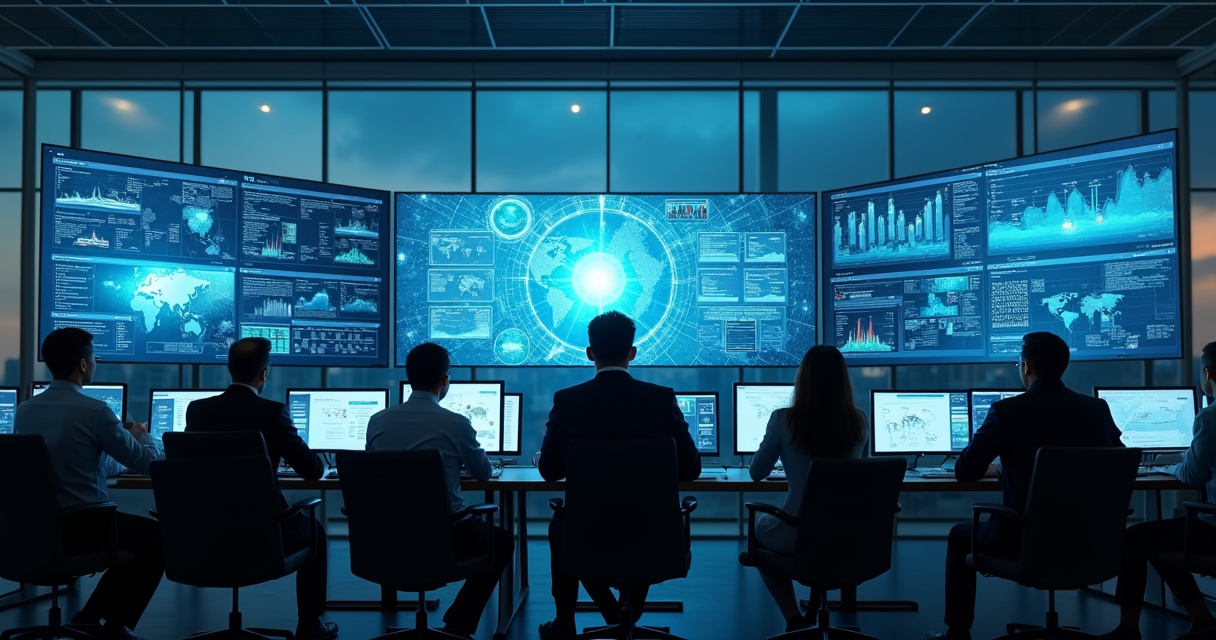 Enterprise operations team reviewing automated workflow controls in a modern control room setting