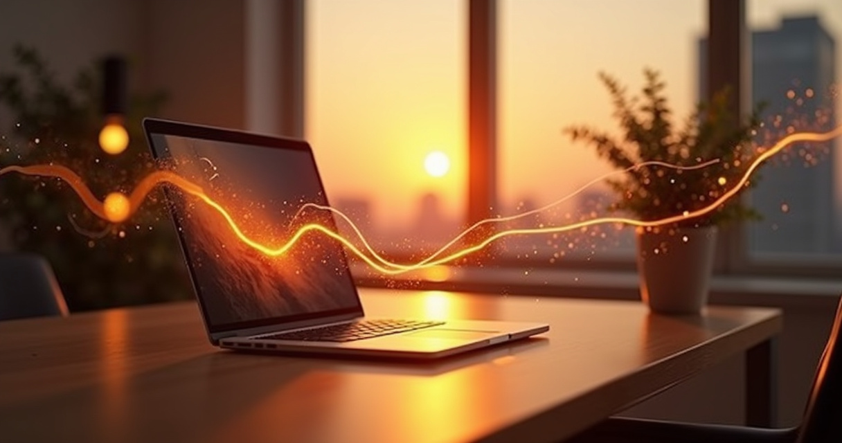 A calm professional reviewing an organized digital workspace with automated workflow diagrams glowing softly on a desk