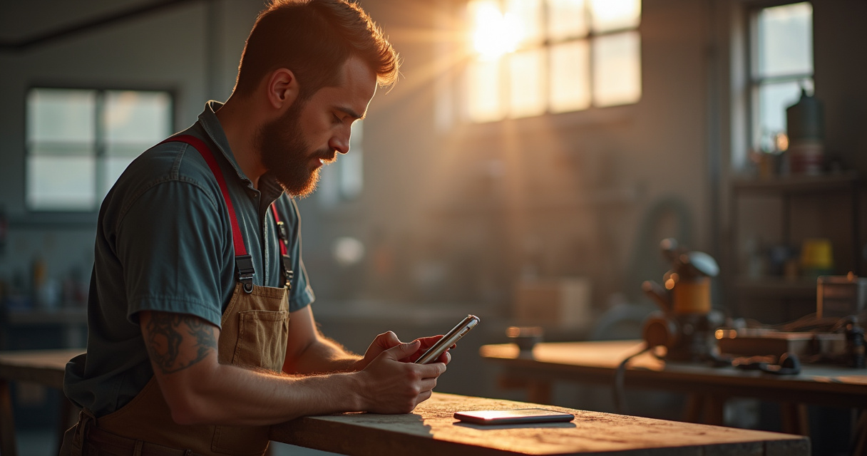 A small business owner working on a job site while a smartphone glows on a nearby table, symbolizing an AI receptionist handling calls in the background