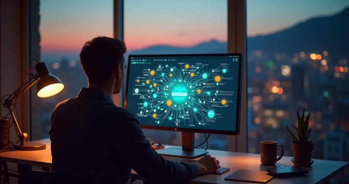 A solo entrepreneur reviewing a visual workflow automation diagram on a large monitor in a modern office at dusk