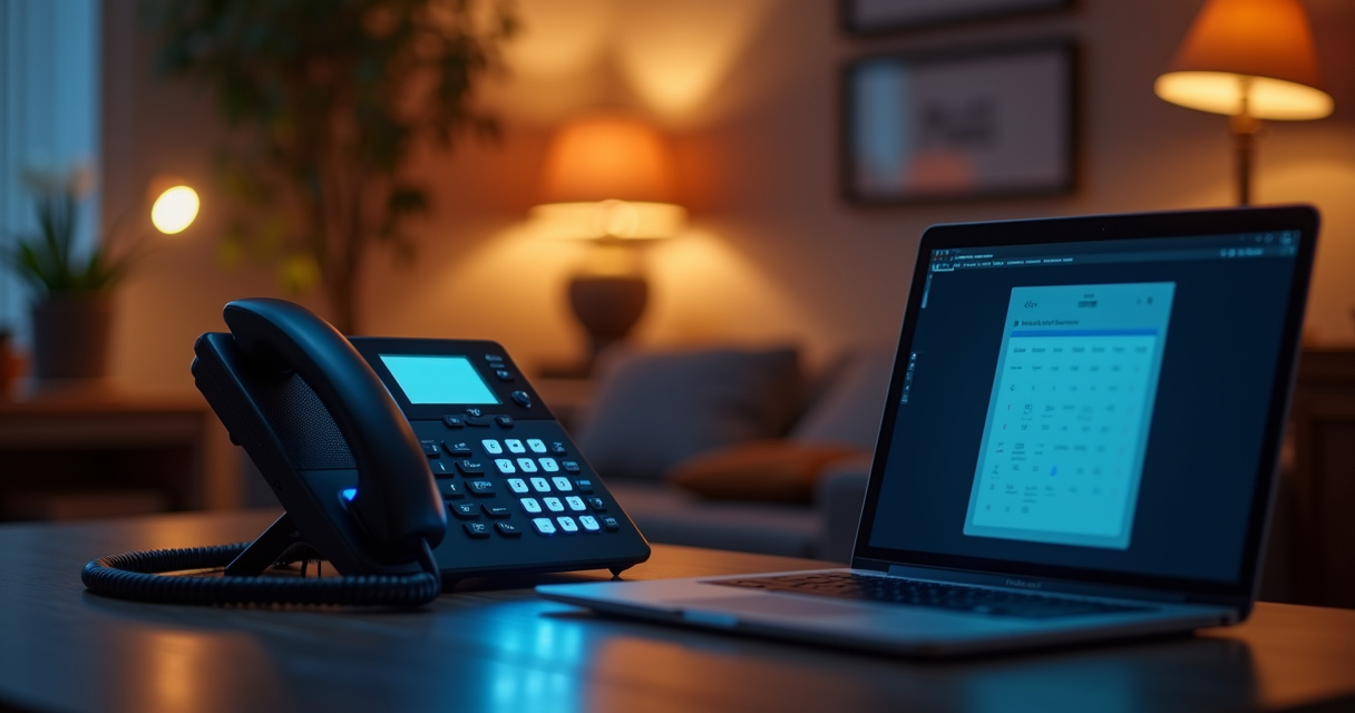 A modern office phone glowing with a soft blue light beside a laptop showing a calendar, symbolizing an AI receptionist answering calls automatically