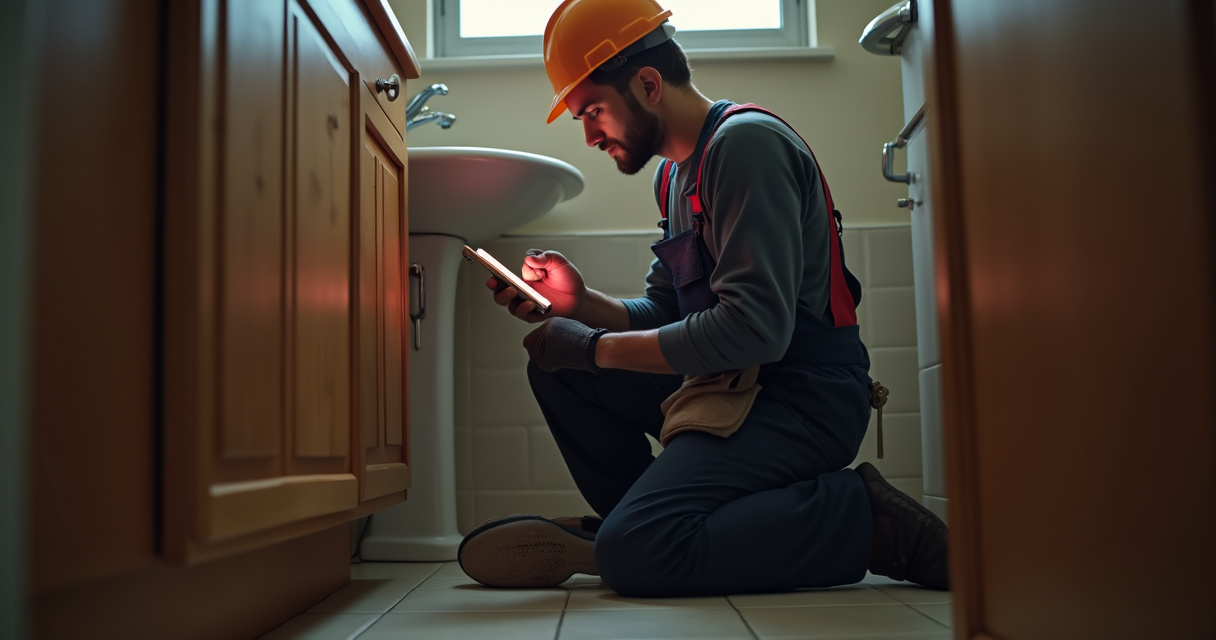 A small business owner working while a smartphone shows an active call being handled automatically in the background
