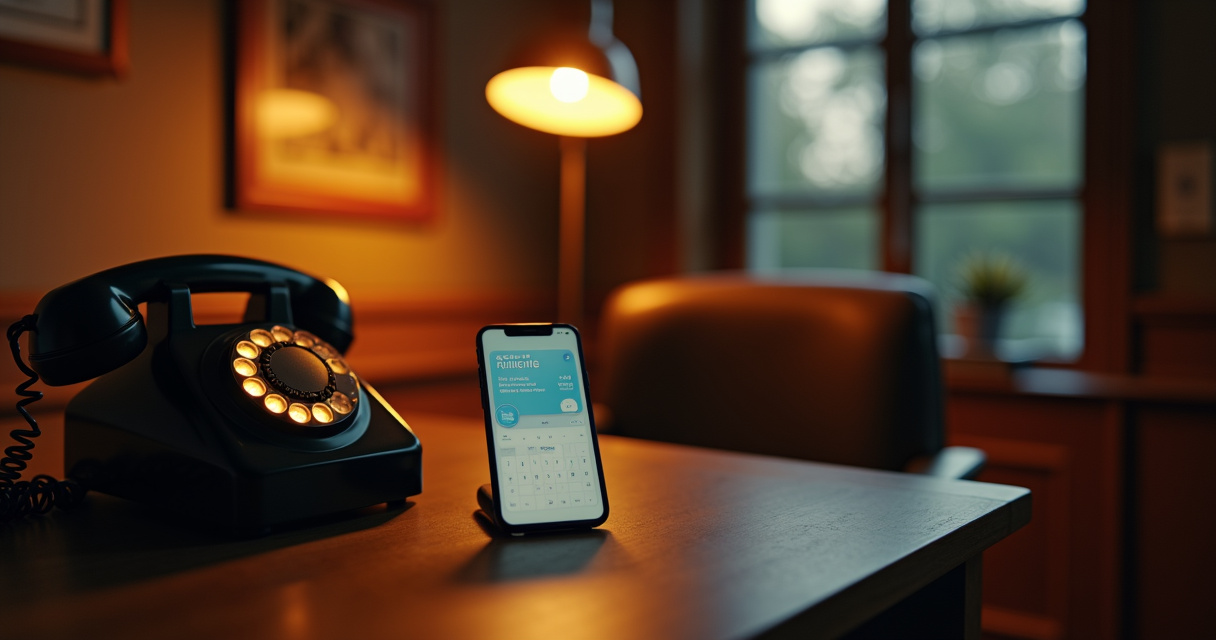 A small business owner calmly reviewing appointment notifications on a tablet while a phone sits unanswered in the background, symbolizing automated call handling