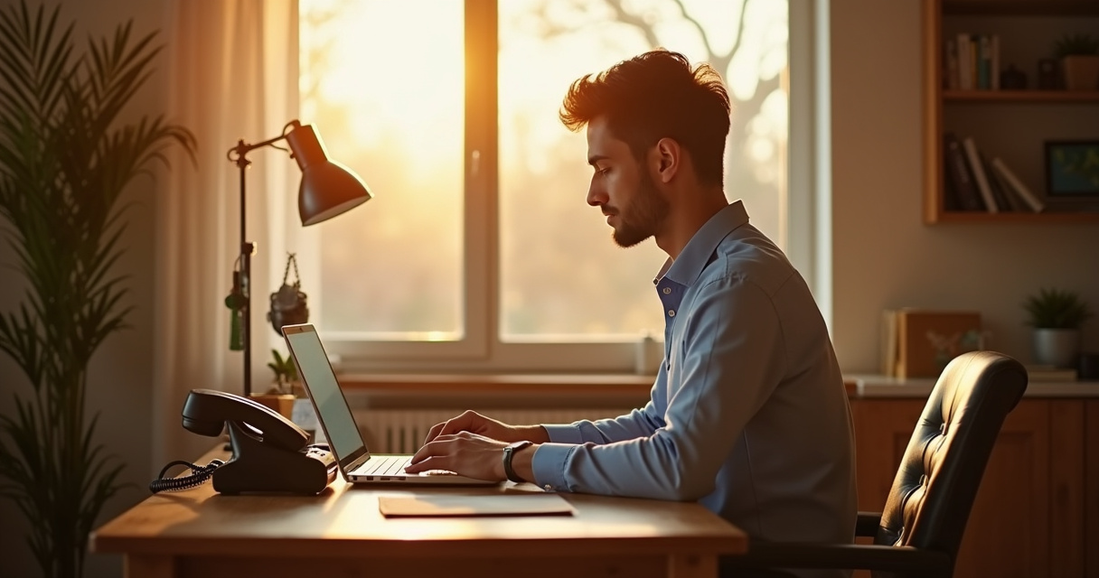 A solo business owner working calmly at a desk while a phone handles calls in the background, symbolizing automated call handling