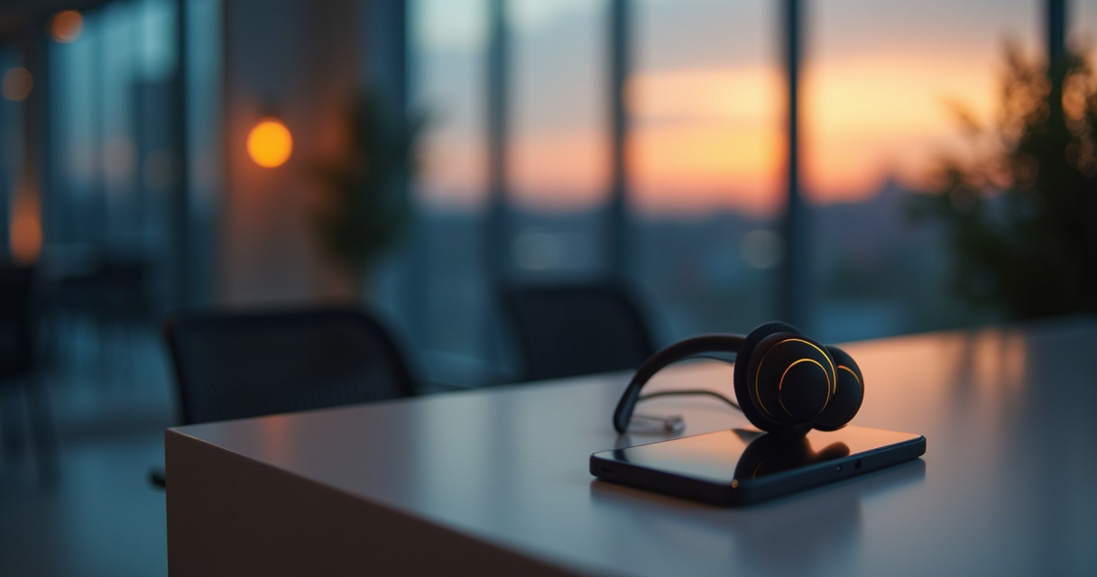 A modern office phone glowing with a soft blue light representing an AI voice assistant answering a call