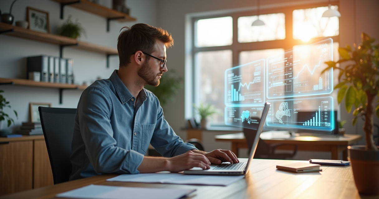 Entrepreneur reviewing a digital business strategy dashboard with financial charts and automation icons in a modern office
