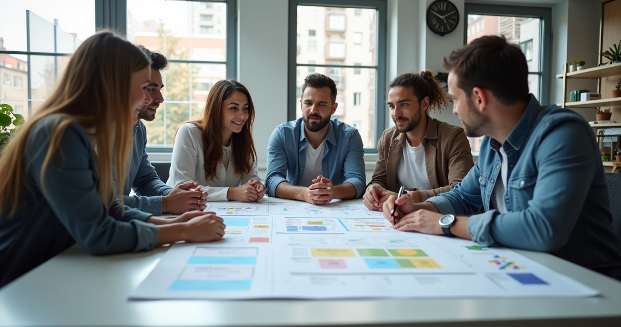 Business professionals reviewing a partially automated workflow diagram on a table in a modern office, warm natural light