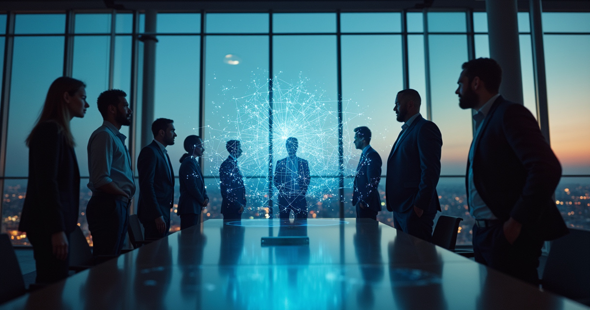 Enterprise team collaborating around a glowing digital network map in a modern office, symbolizing AI automation rollout planning