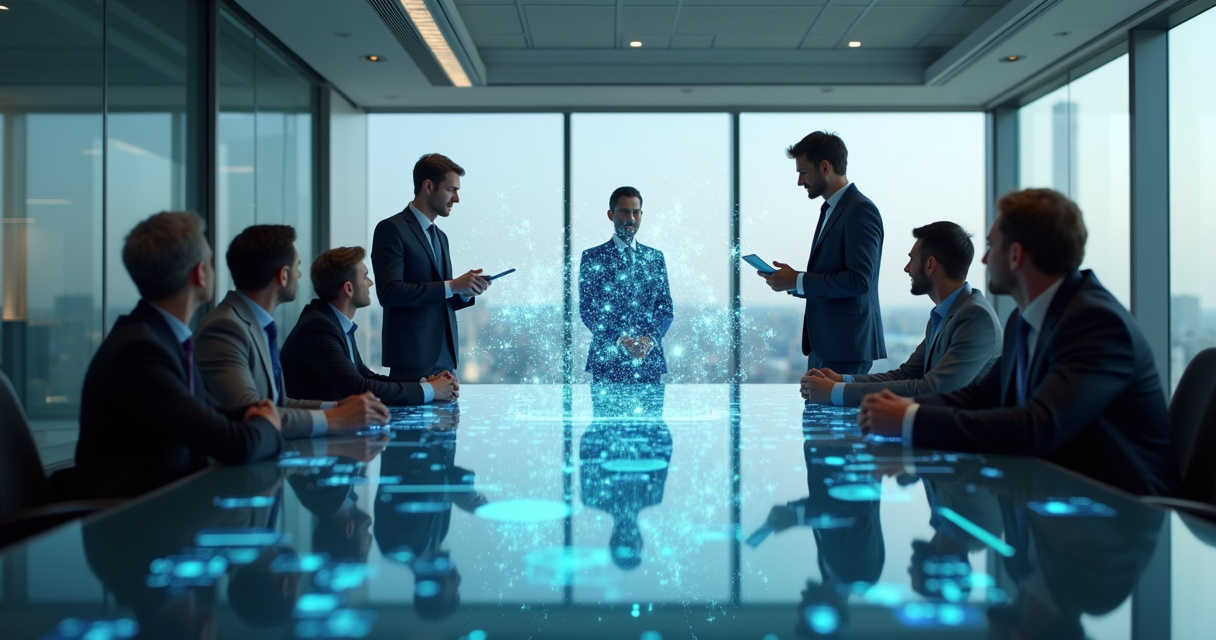Executives and engineers collaborating around a holographic workflow diagram in a modern office, symbolizing enterprise AI automation planning