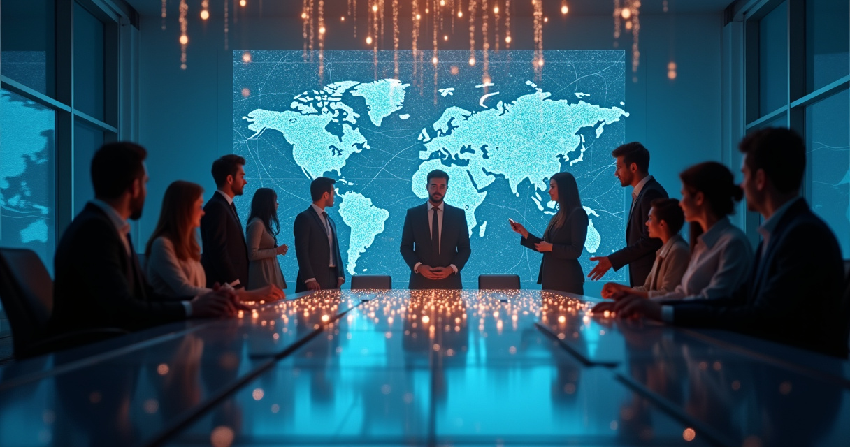 Business leaders reviewing interconnected workflow diagrams on a glass wall in a modern office, representing enterprise AI integration