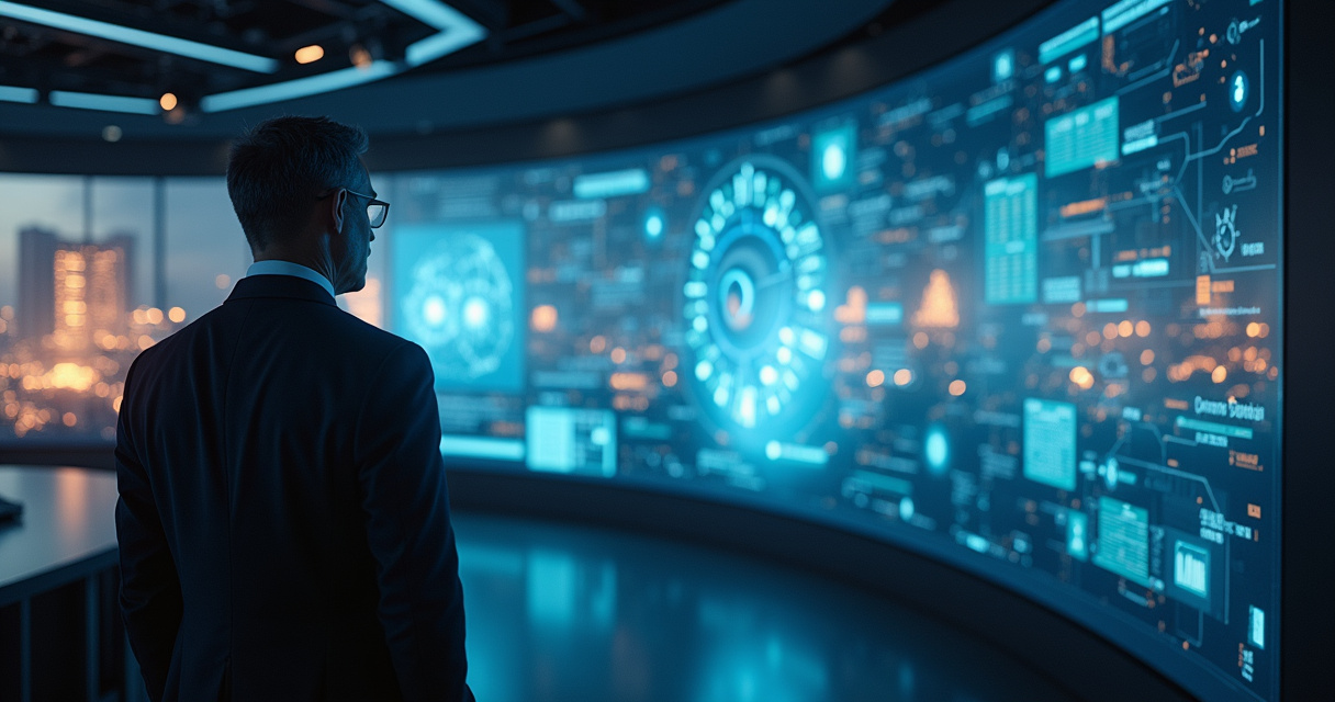 A senior technology executive reviewing AI agent workflows on a holographic dashboard in a modern control room, symbolizing human oversight of autonomous systems