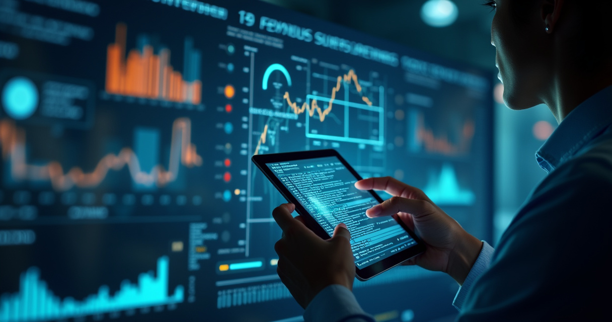 CFO analyzing AI automation ROI metrics on executive dashboard with financial charts and automation workflow diagrams