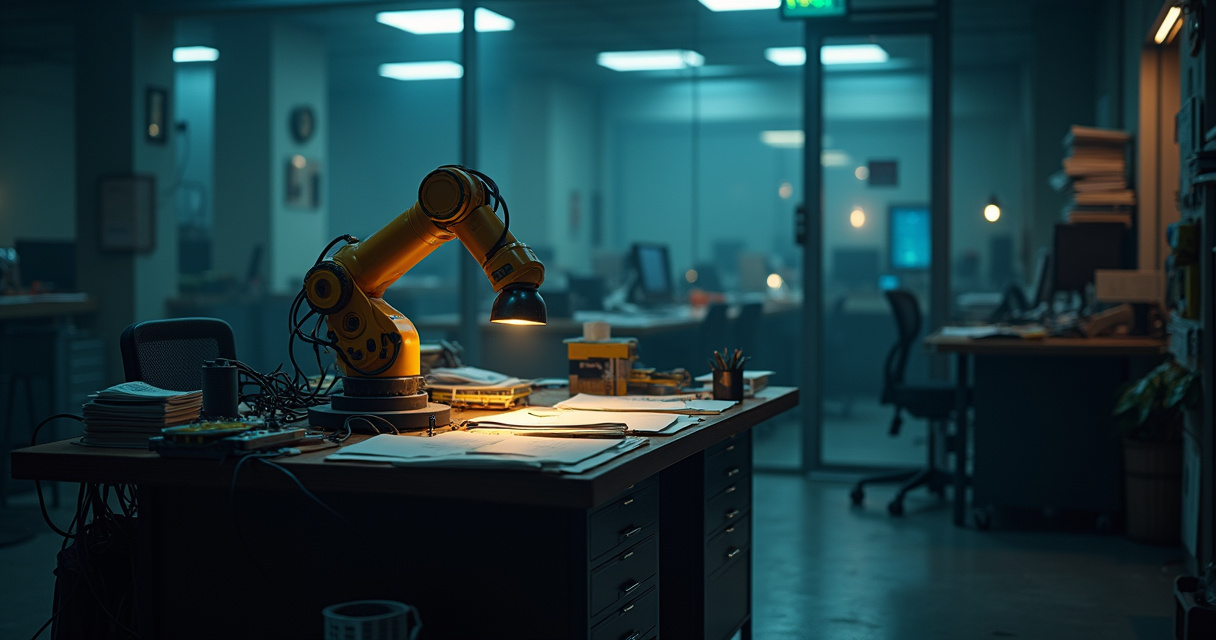 A lone robotic arm sitting idle on a desk surrounded by tangled cables in a dim, empty corporate office, symbolizing stalled automation