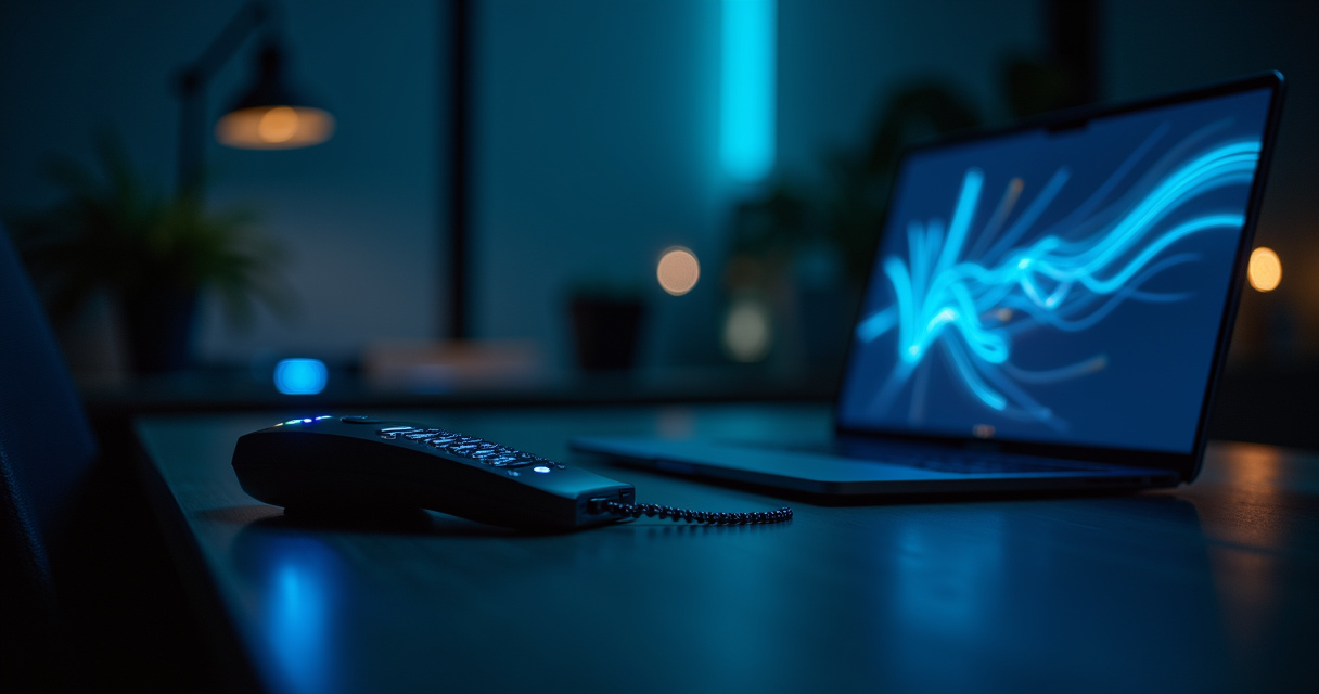 A modern office phone system glowing with soft blue light representing an AI receptionist answering a call at night
