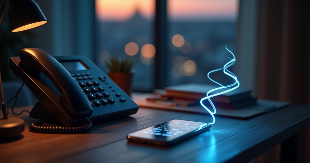 A modern office desk with a softly glowing phone and holographic sound waves representing an AI voice agent answering a call