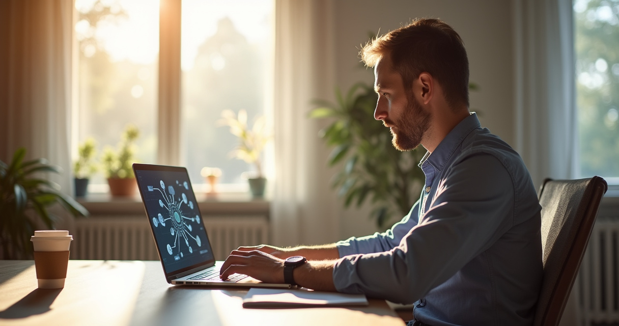 A solo entrepreneur reviewing an automated workflow diagram on a laptop in a modern home office, warm natural light