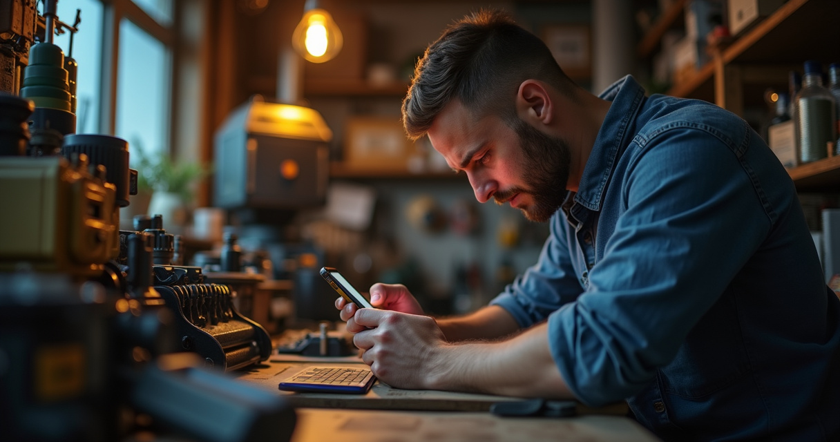 A small business owner working while a smartphone glows softly on the desk, symbolizing an AI receptionist handling calls in the background