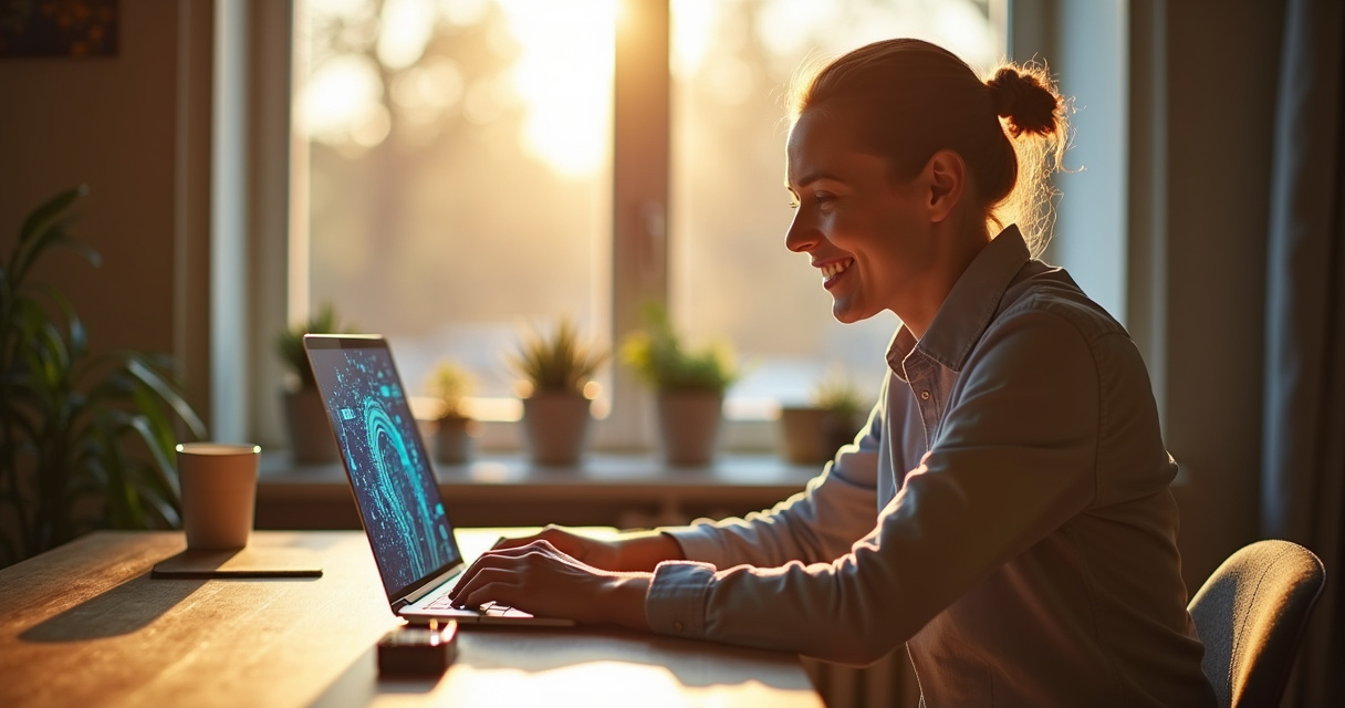 A small business owner reviewing an automated email campaign dashboard on a laptop in a bright modern office