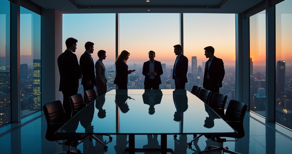 Business leaders reviewing AI automation dashboards in a modern glass-walled boardroom at dusk