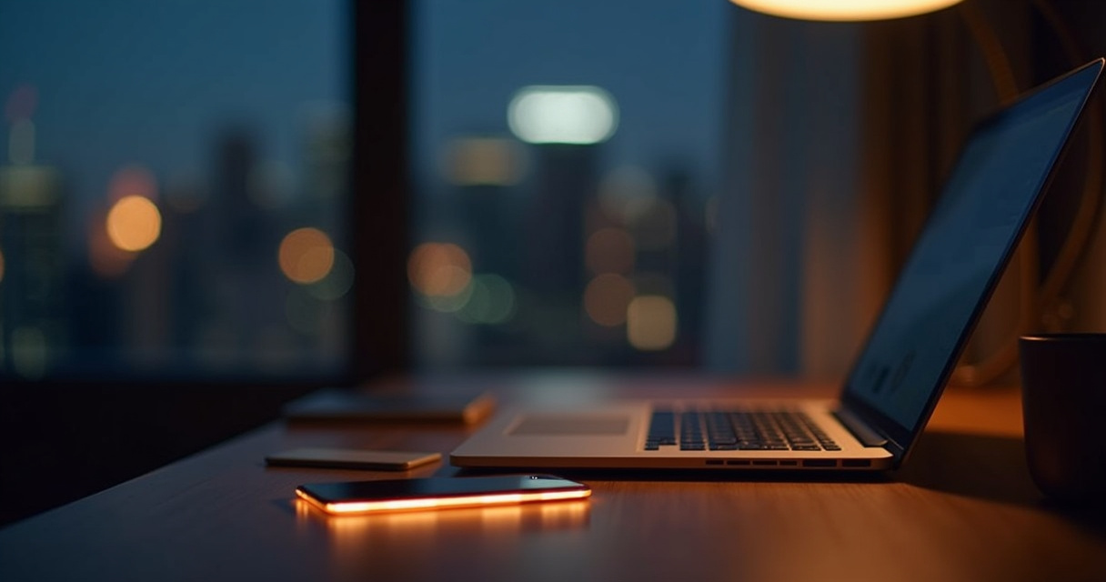 A glowing smartphone on a dark desk at night representing an AI voice agent answering a business call after hours