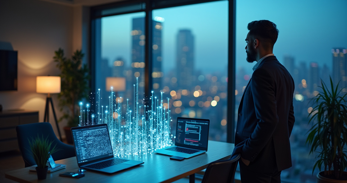 Business professional reviewing automated workflow dashboards in a modern office with glowing data visualizations