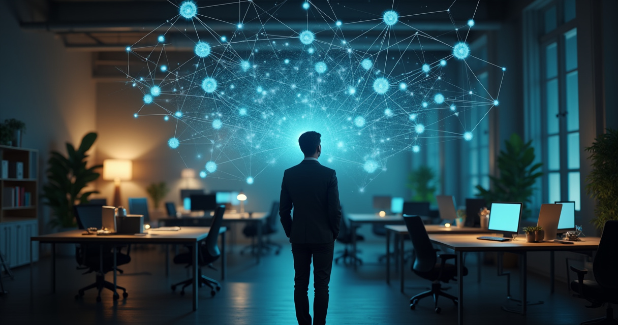 A business owner reviewing a glowing digital dashboard of automated workflows in a modern office at night