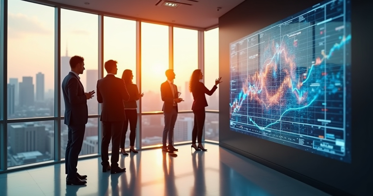 Business leaders reviewing operational dashboards in a modern office as AI-driven automation quietly runs in the background