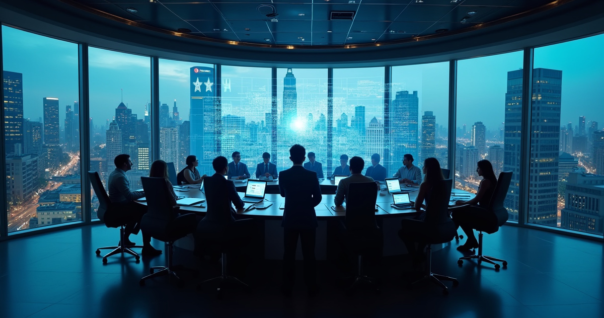 Executives reviewing operations data in a modern control room with soft ambient lighting
