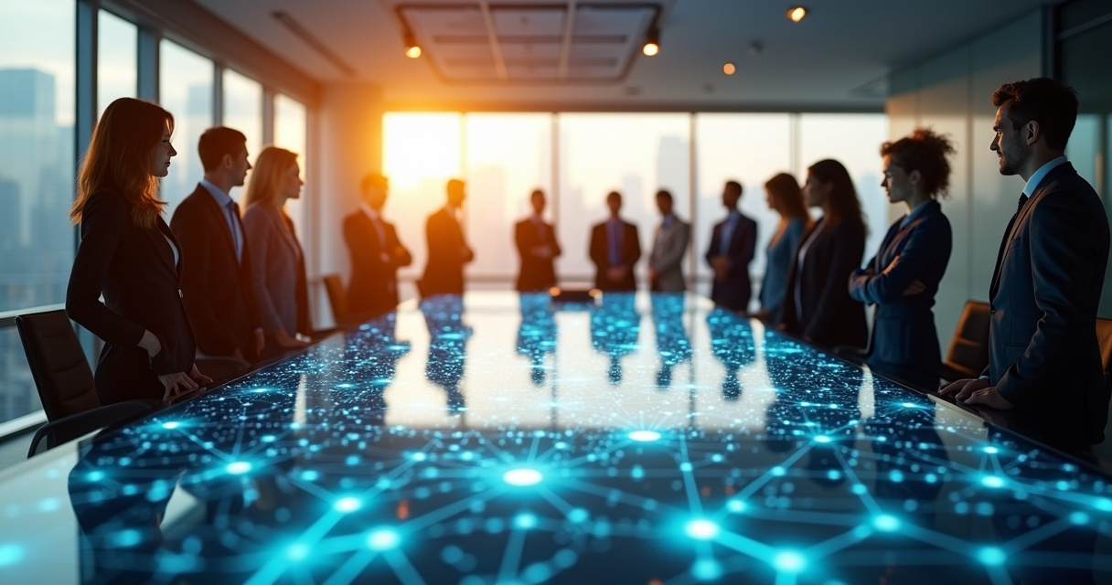 Executives analyzing an interconnected process map on a glass wall in a modern corporate boardroom bathed in warm morning light