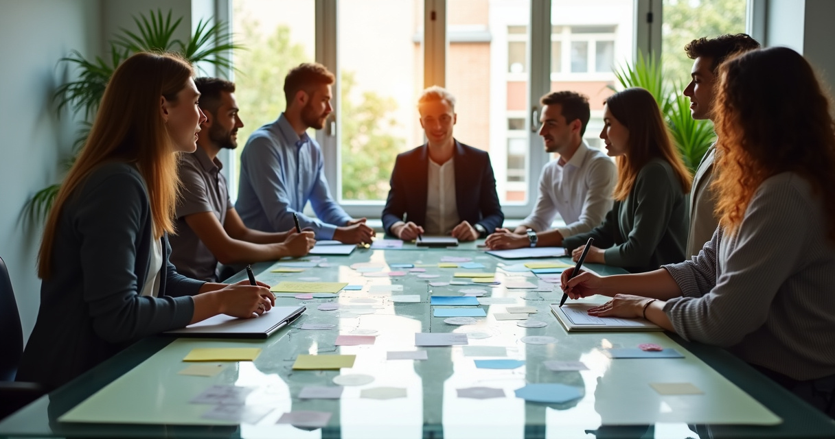 Business professionals analyzing interconnected workflow diagrams in a modern office setting