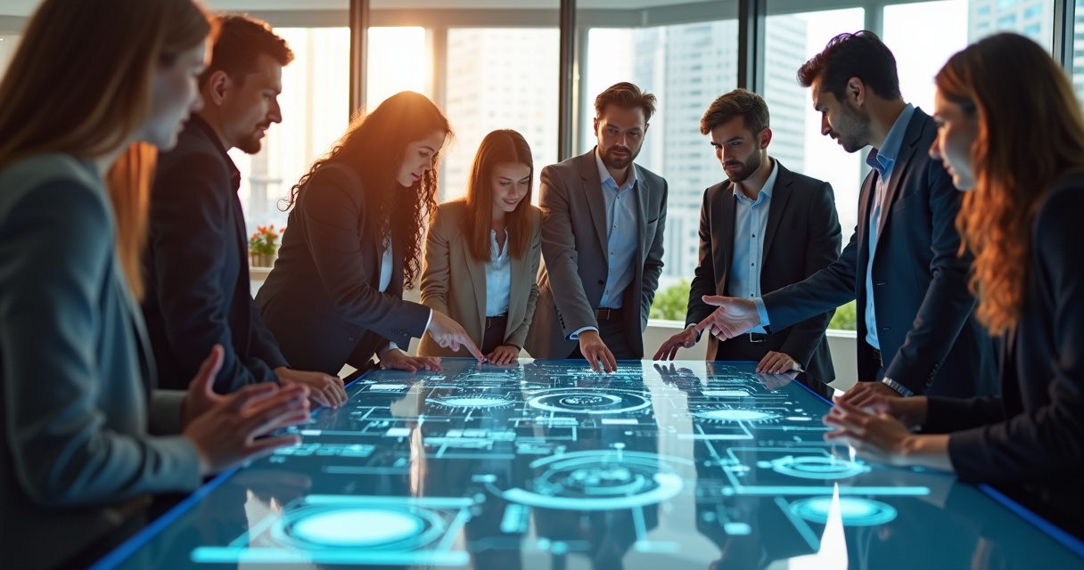 Business professionals collaborating around a glowing digital workflow interface in a modern office, symbolizing enterprise AI adoption through low-code platforms