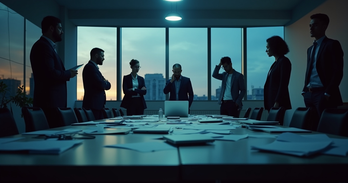 A frustrated executive team reviewing a stalled AI project in a modern boardroom, dim editorial lighting
