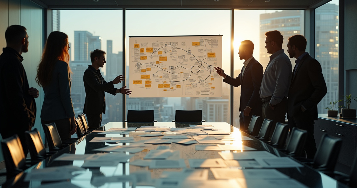 Executives reviewing a stalled AI project roadmap in a modern glass-walled boardroom, dramatic lighting