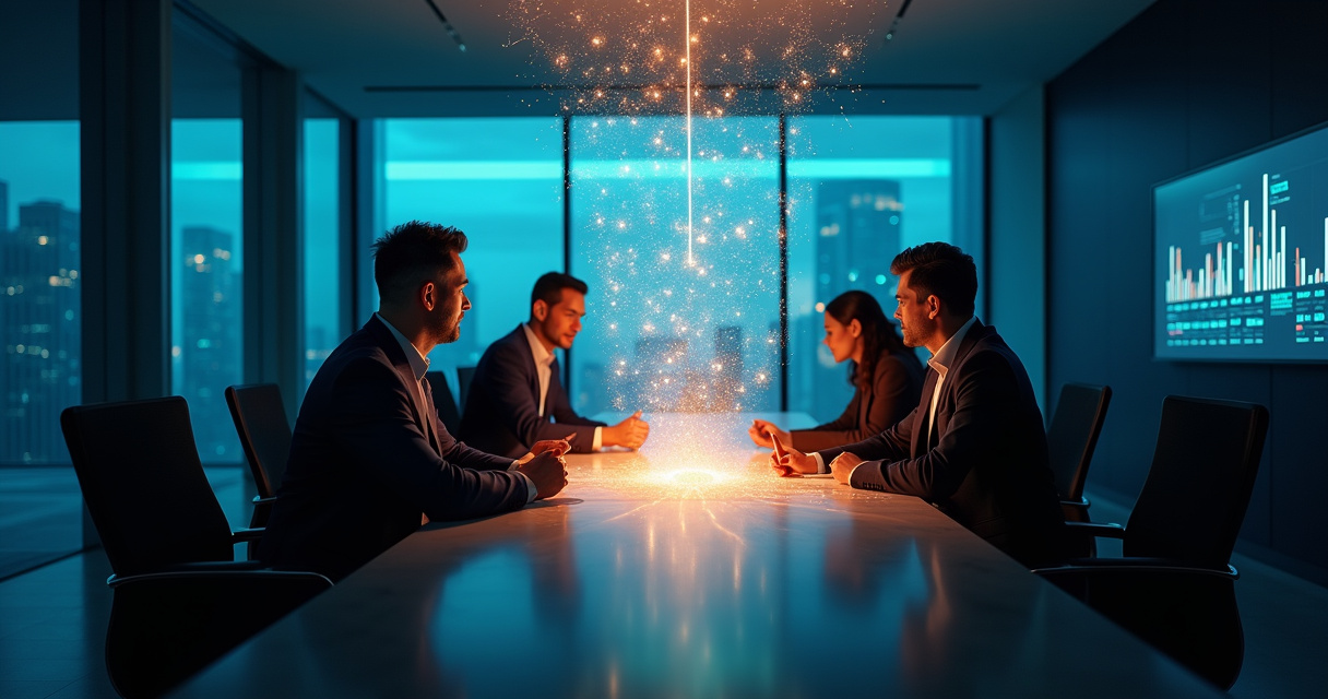 Executives in a modern boardroom reviewing a large data visualization wall, illuminated by soft blue light, symbolizing enterprise AI strategy